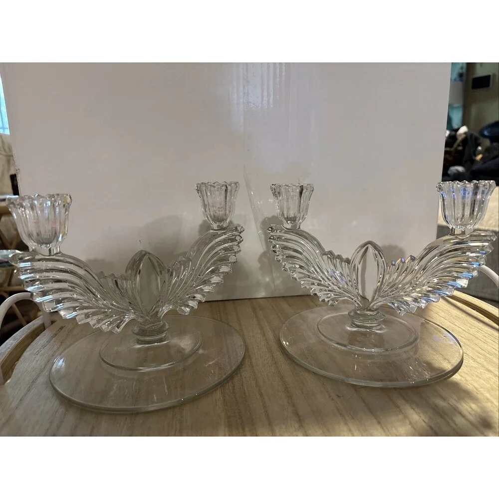 Set Of Two Art Deco Pressed Glass Winged Double Candle Holders Clear Angel Bird